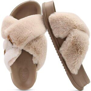 Women's Cream Fuzzy Faux Rabbit Furry Fur Cross Band Arch Open Slippers Shoes